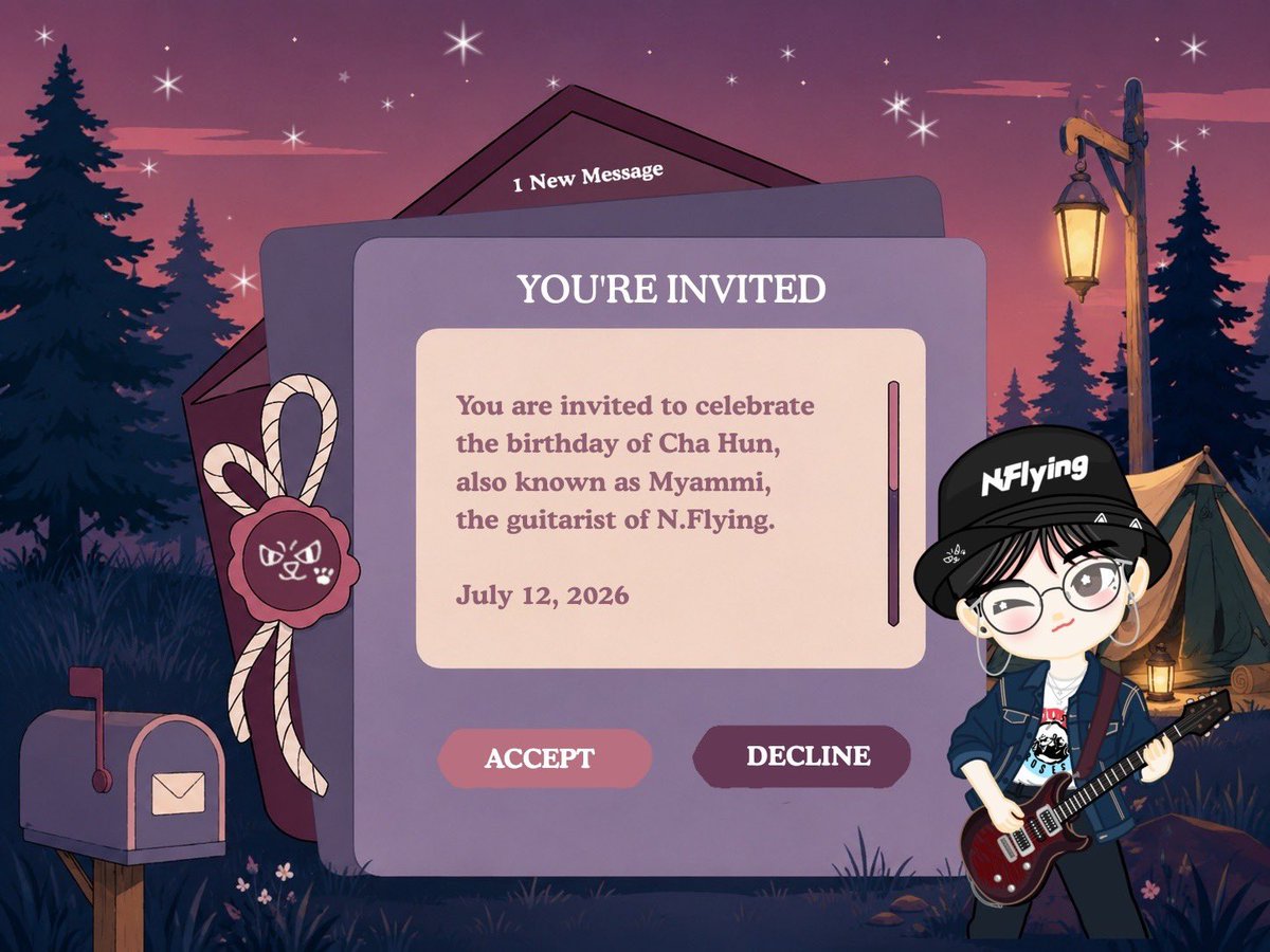 Wohneey's tweet photo. Every great camp begins with someone answering the invitation. Tonight, I, Moera Amatisia, gladly take my place beneath the stars to celebrate Cha Hun's birthday, making this special occasion a little brighter alongside everyone else. https://t.co/5Q4lw7QbCf