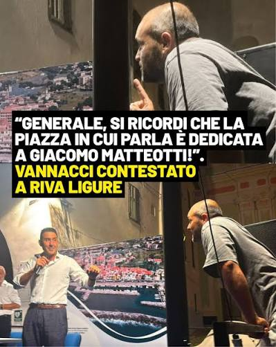 serebellardinel's tweet photo. #RivaLigure contestatore grida a #Vannacci:"Siamo in piazza Matteotti e lei viene qui a parlare di fascimo?"E solo per questa sacrosanta verità,è stato fermato da Forze Ordine il contestatore,non Vannacci che è andato lì a parlare di #fascismo,che in #italia è apologia di reato! https://t.co/s9TuDCxatv