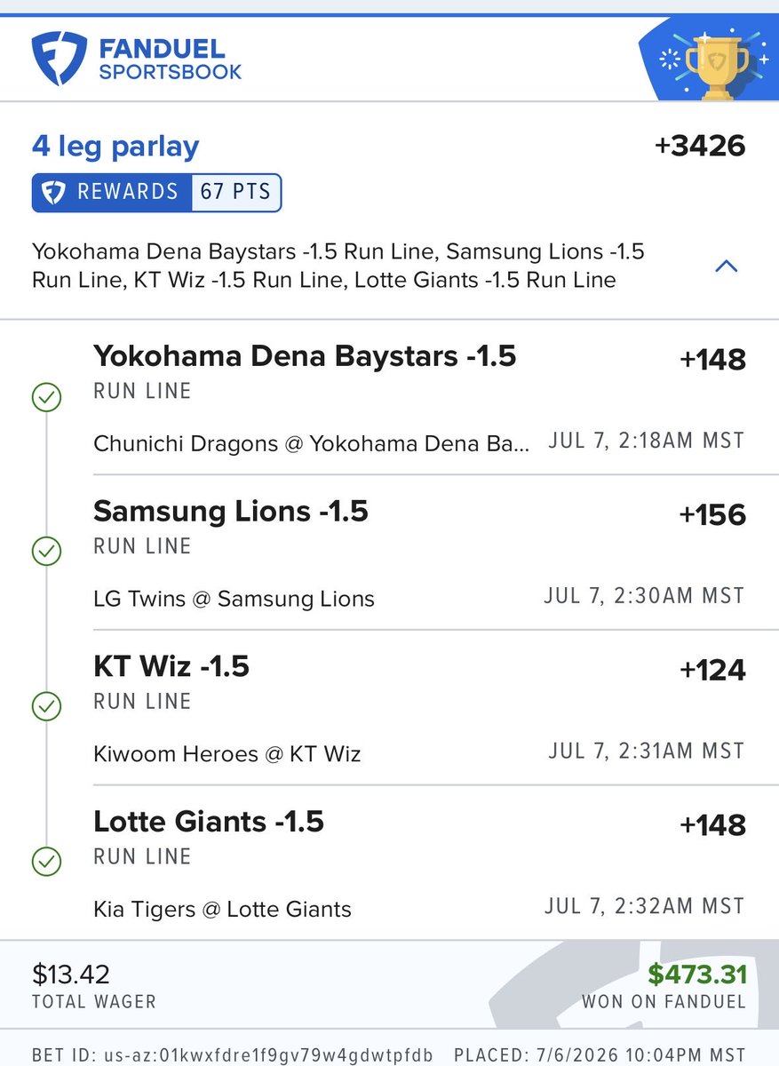 sdjones911's tweet photo. Don’t sleep on the Asian baseball market!  I’ve had a great Wake and Cash run the past 11 days!  ⚾️💰🎉 https://t.co/vZl5NFCN5E