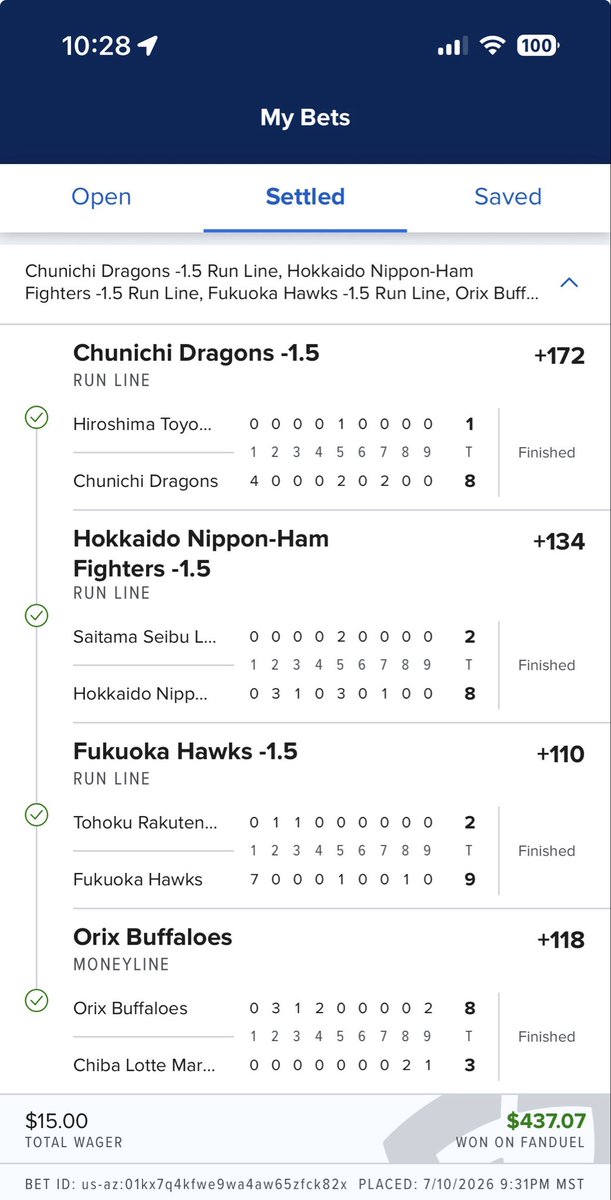 sdjones911's tweet photo. Don’t sleep on the Asian baseball market!  I’ve had a great Wake and Cash run the past 11 days!  ⚾️💰🎉 https://t.co/vZl5NFCN5E