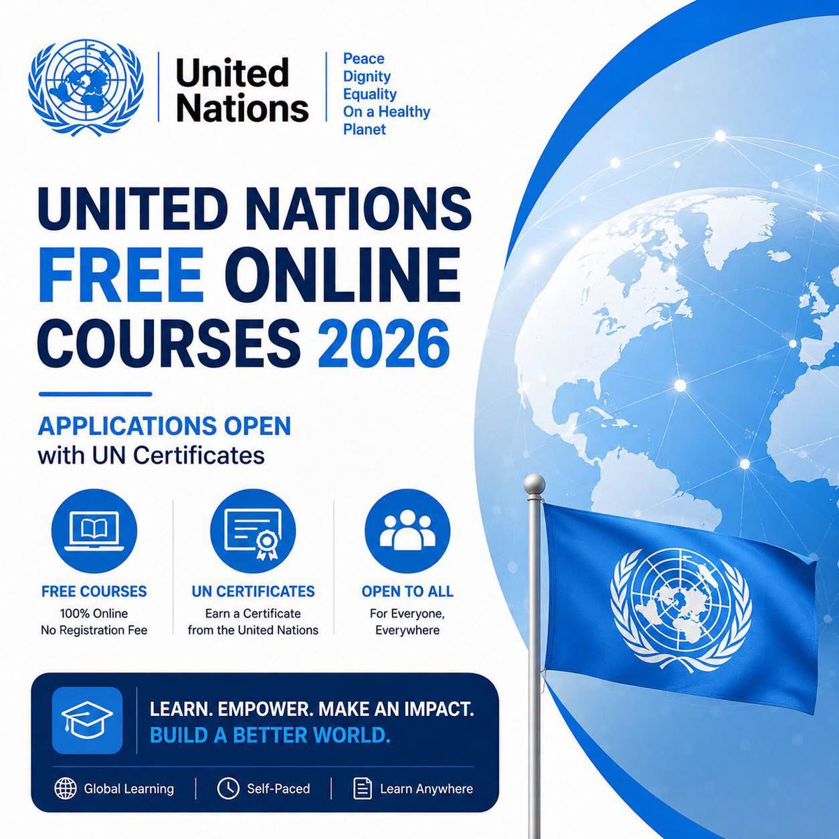 MrsScotty_M's tweet photo. United Nations Free Online Courses 2026 Applications Open with UN Certificates

The United Nations and its specialized agencies are offering free online courses in 2026, giving learners worldwide the opportunity to build valuable knowledge while earning UN certificates through eligible programmes.

✔️ Free online courses across sustainable development, climate change, human rights, humanitarian action, public health, peacebuilding, gender equality, digital skills, and more
✔️ UN certificates available for eligible courses upon successful completion
✔️ Open to students, graduates, professionals, public servants, and lifelong learners worldwide
✔️ Flexible, self-paced online learning from anywhere
✔️ Learn from experts across the United Nations system and strengthen your professional profile

A great opportunity to gain globally relevant knowledge, earn recognized UN certificates, and develop skills that support careers in international development, humanitarian work, and public service
