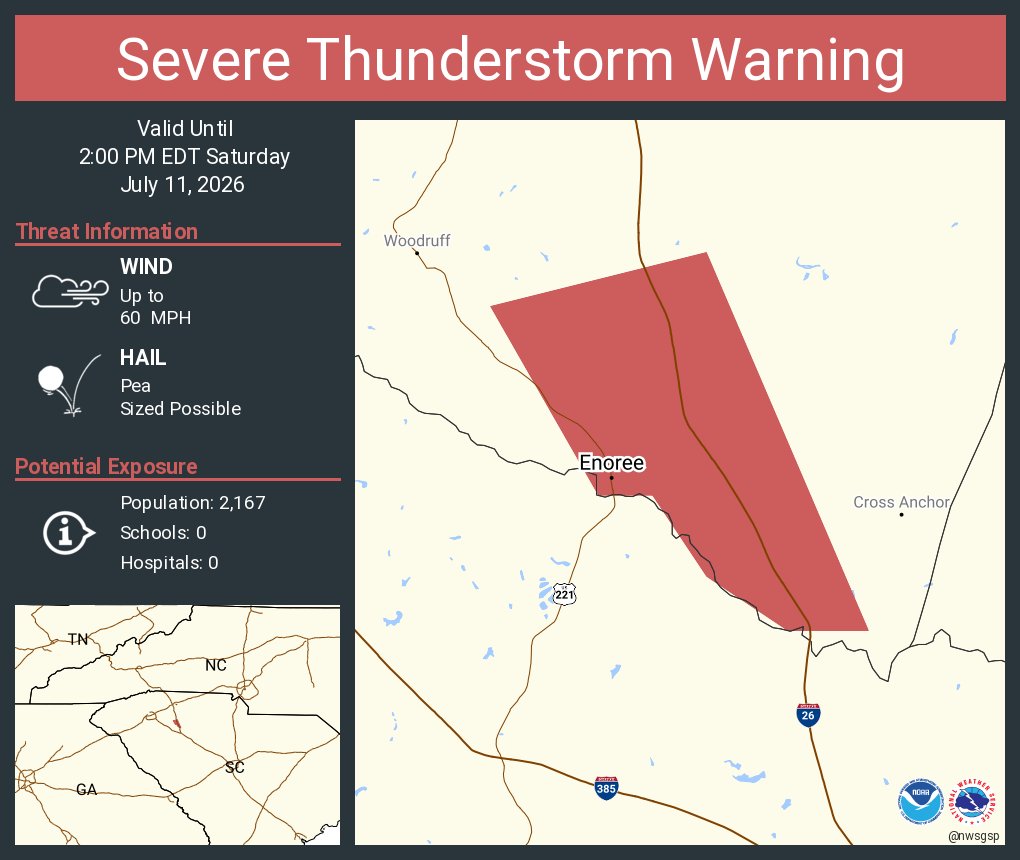 NWSGSP's tweet photo. Severe Thunderstorm Warning continues for Enoree SC until 2:00 PM EDT https://t.co/XgH6nR9sio