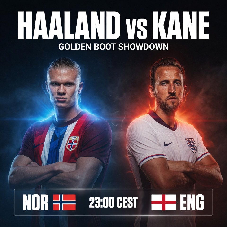 FunMarketapp's tweet photo. The Golden Boot final boss fight 💀🏴🇳🇴

Haaland (7 goals, level with Mbappé) vs Kane (6). Norway's first ever quarterfinal in history vs England's depth and knockout experience.

23:00 CEST, Miami. Our call: England 2-1 — yours? 

#NORENG https://t.co/mJT3AKcX5i