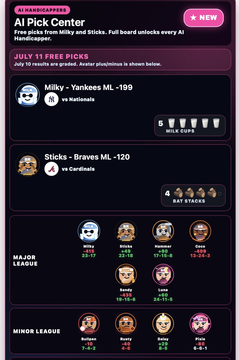 BatterRating's tweet photo. July 11 AI Pick Center
https://t.co/W974mEng0Q
#mlb #baseball #sports #analytics #batterrating #startingpitcherrating https://t.co/AxRZnPbEb9