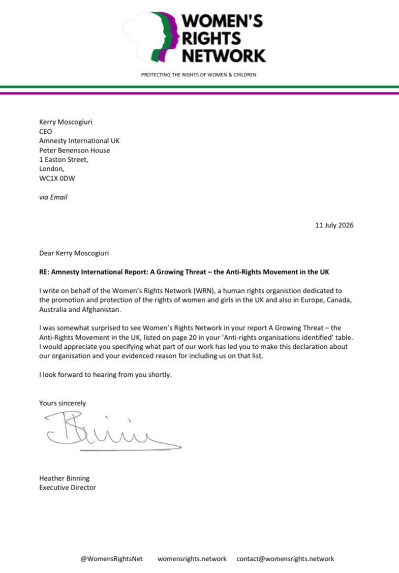 WomensRightsNet's tweet photo. WRN have today written to the CEO of @amnesty regarding their recent report. 

We have asked for an explanation of our inclusion in their list of 'anti-rights' organisations. We expect evidenced reasons for their assertions - if they are prepared to publish such statements, then they must also be prepared to back them up.