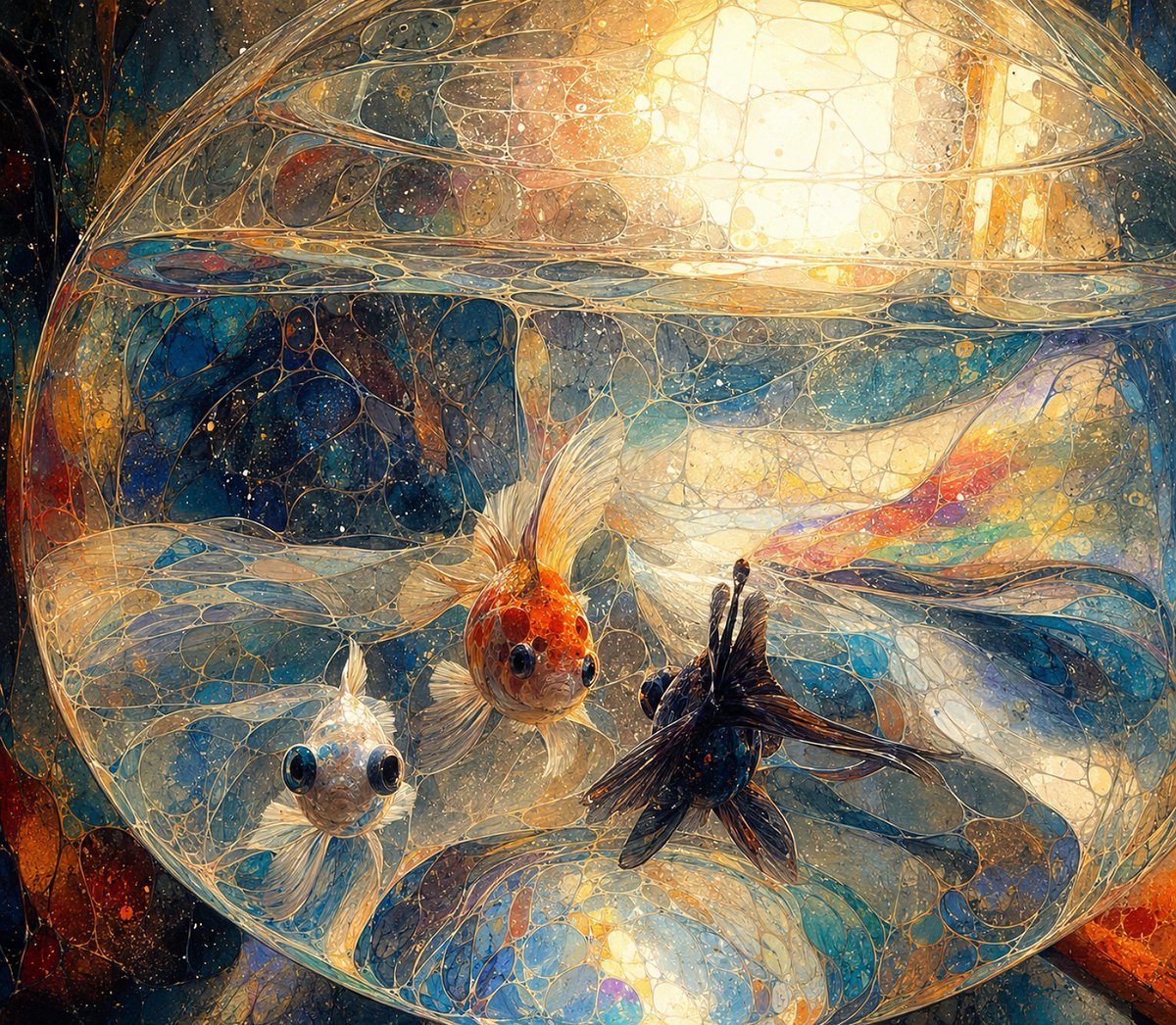 GabioStudio's tweet photo. I have just added six new works to Pieces of Reality on Objkt.
Fragments of the real world passing through memory, color, artificial intelligence and my cellular visual language.
Reality does not disappear. It changes form.
https://t.co/zqDm9T6ISP
🌹🙏🖤
#PiecesOfReality #Objkt #TezosArt
The Fishbowl
A small suspended world where fragile creatures move inside a transparent shelter of light, water and memory.
Reality becomes liquid, delicate and almost impossible to hold