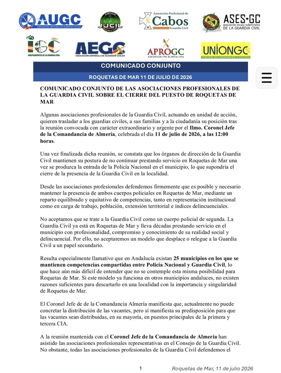 jucilnacional's tweet photo. 🔔 𝗖𝗼𝗺𝘂𝗻𝗶𝗰𝗮𝗱𝗼 #𝗨𝗿𝗴𝗲𝗻𝘁𝗲 | Malestar generalizado de las asociaciones tras la reunión mantenida con el Coronel Jefe de la Comandancia de #Almeria.

🚫 La #DGGC prefiere que 180 agentes abandonen Roquetas antes que seguir trabajando de forma conjunta con la Policía Nacional.

📖 "Errar es de humanos, rectificar es de sabios".

🕚 #13Julio a la 11:00 H frente al Puesto Principal de Roquetas.

#NoAlDesmantelamientoDeLaGC