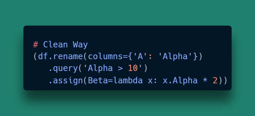 TypeErrorDev's tweet photo. Tired of creating endless intermediate DataFrames like df1, df2, df3? Stop! 🛑 Method Chaining lets you flow operations together in clean, readable code within parentheses.

#Python #Pandas #CodeQuality #CleanCode #DataScience https://t.co/6vrBt5SUPO