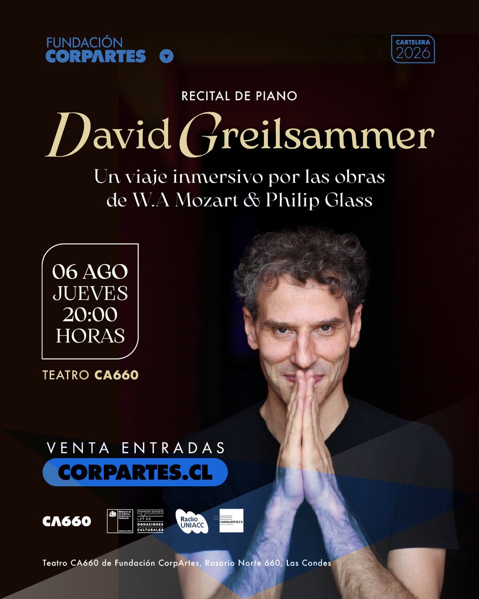 CorpArtes's tweet photo. 🔥Uno de los intérpretes más fascinantes de la música clásica actual, David Greilsammer, llega por primera vez a #Chile con “Un viaje inmersivo por las obras de W.A #Mozart & #PhilipGlass”.
🎟️Tickets y descuentos: https://t.co/Tz7lglsCxY
#Santiago #LasCondes #Piano #Concierto https://t.co/CuJdpvxcWQ