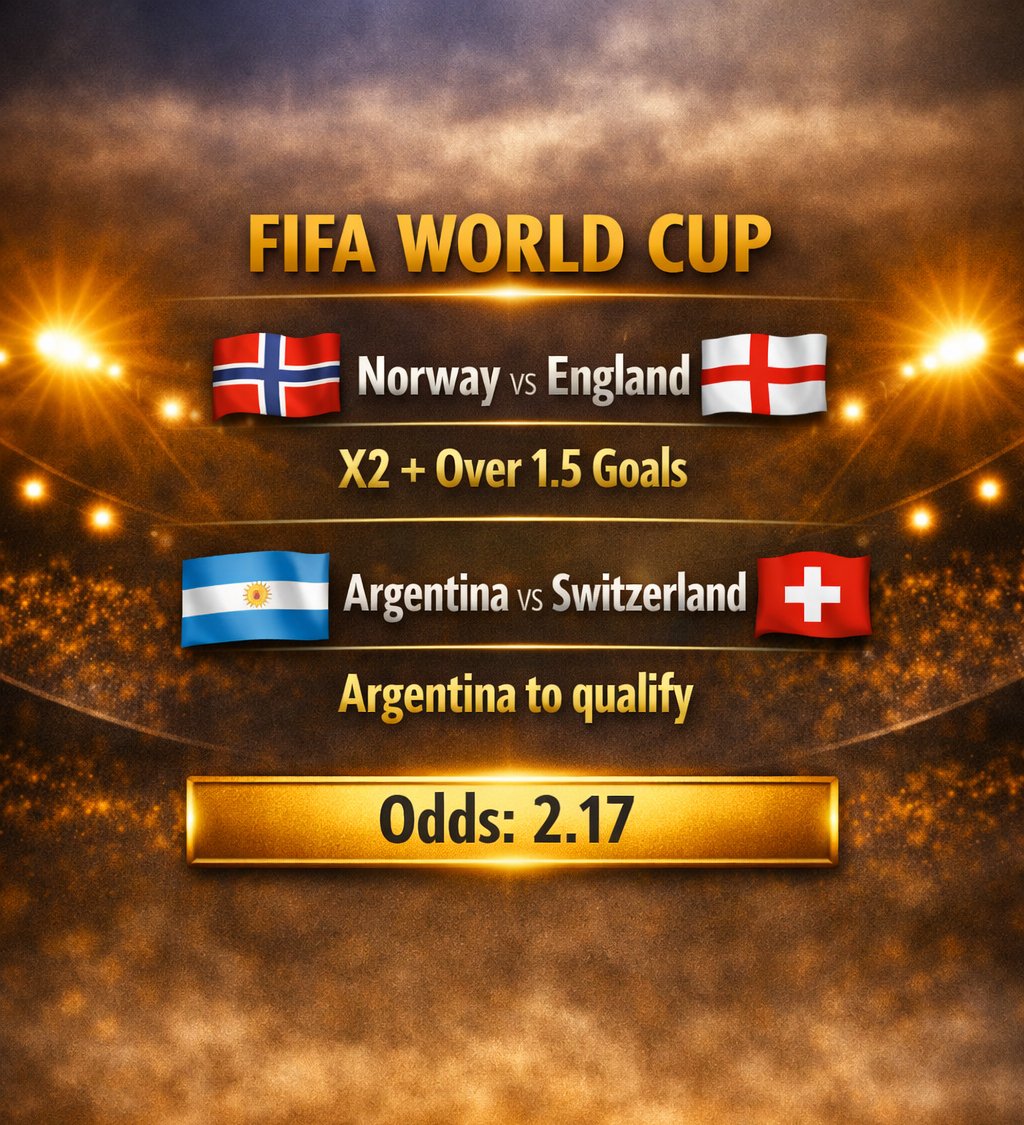 lefterisbettips's tweet photo. 🎯 FIFA World Cup

🇳🇴 Norway vs England
My pick: ✅ England X2 + Over 1.5 Goals

🇦🇷 Argentina vs Switzerland
My pick: ✅ Argentina to qualify

📈 Combined odds: 2.17 https://t.co/lZUKR1AcTN