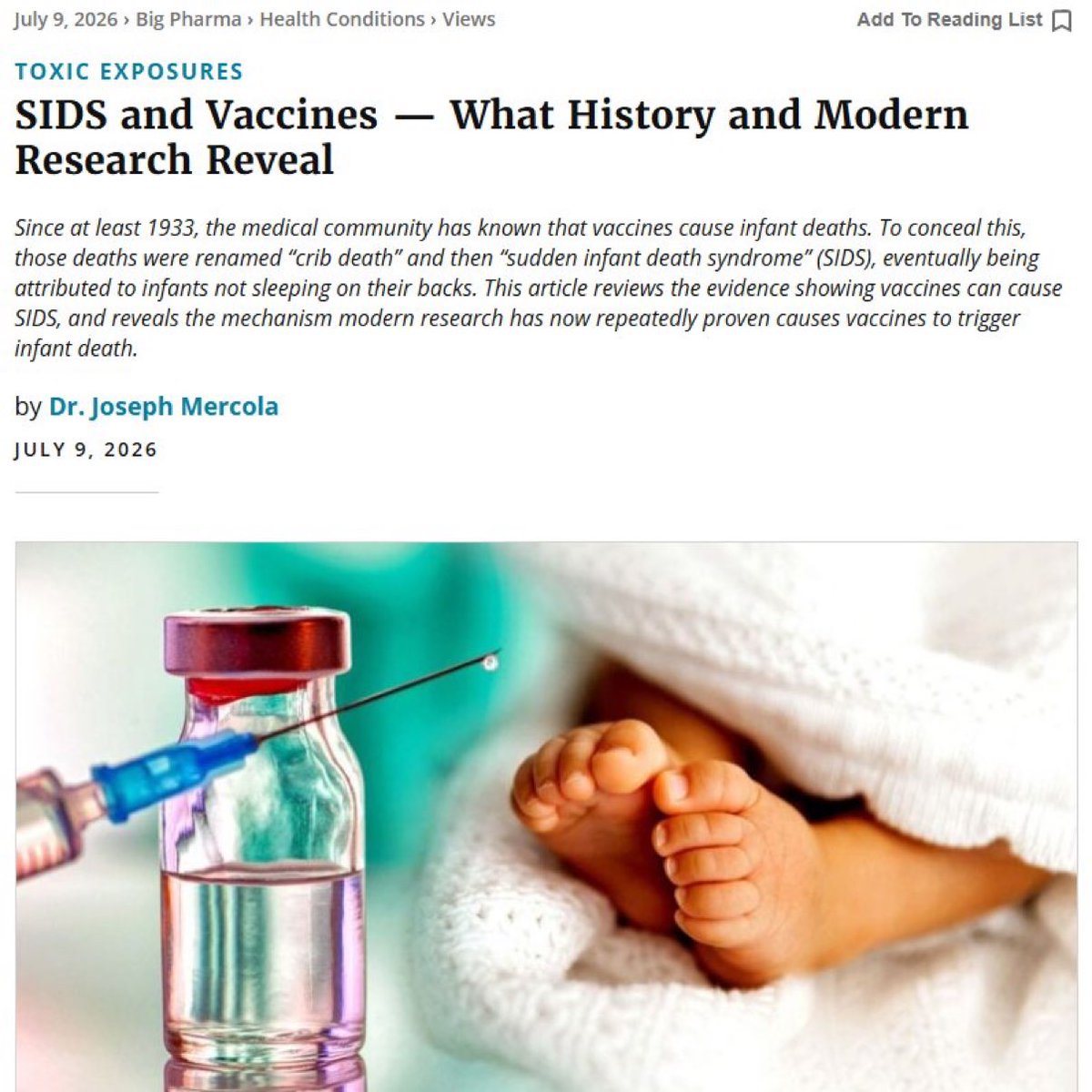 IVMCLINIC's tweet photo. The 90-Year Cover-Up — How Vaccine Deaths Became ‘Crib Death’ Then SIDS

Since at least 1933, the medical community has known that vaccines cause infant deaths. To conceal this, those deaths were renamed “crib death” and then “sudden infant death syndrome” (SIDS)!  

Early reports documented babies dying shortly after DPT shots, with autopsies blaming the vaccine. As more shots were added, SIDS exploded — peaking exactly at 2, 4, and 6 months when the schedule hits hardest.  

Japan delayed DPT until age 2 and saw SIDS and infant mortality plummet. During COVID lockdowns, when childhood vaccinations dropped sharply, SIDS deaths in the usual age groups fell too.  

VAERS data, clusters after “hot lots,” hexavalent vaccine studies, and breathing disruption research all point the same way: these shots trigger cardiorespiratory failure, microstrokes, aluminum adjuvant apnea and sudden death in infants.  

Parents — the pattern is not coincidence. The evidence has been there for decades.  

Share this before more babies are lost. Question the schedule.