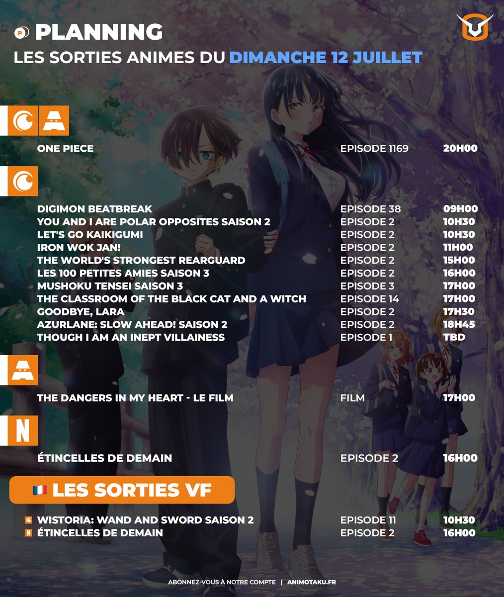 AnimOtaku_fr's tweet photo. 🔶 Bonjour à tous ! Voici les sorties animes du dimanche 12 juillet :

- ONE PIECE EP1169. 🏴‍☠️
- You and I Are Polar Opposites S2 EP2. 💝
- The World's Strongest Rearguard EP2. 🛡️
- Les 100 petites amies S3 EP2. 💞
- Mushoku Tensei S3 EP3. 🔥
- Though I Am an Inept Villainess EP1. 👑
- Étincelles de demain EP2. 💡

Et sur @ADNanime, le film The Dangers in My Heart !

Bon visionnage !

#anime