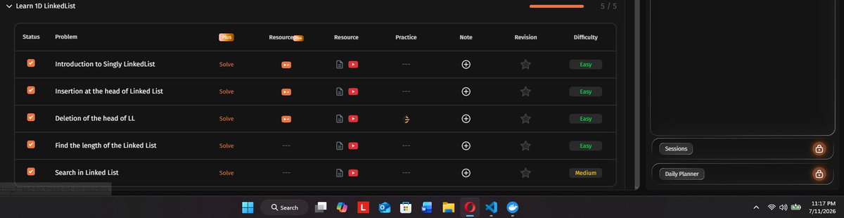Parass227's tweet photo. Day 33 DSA Progress ⚡

Completed 1D LinkedList basics (5/5)
1) Introduction to Singly LinkedList
2) Insertion at Head
3) Deletion at Head
4) Find Length of LL
5) Search in LinkedList

Could have done more questions but focused more on dev today

#buildinpublic #dsa https://t.co/HxFcJvUqPB