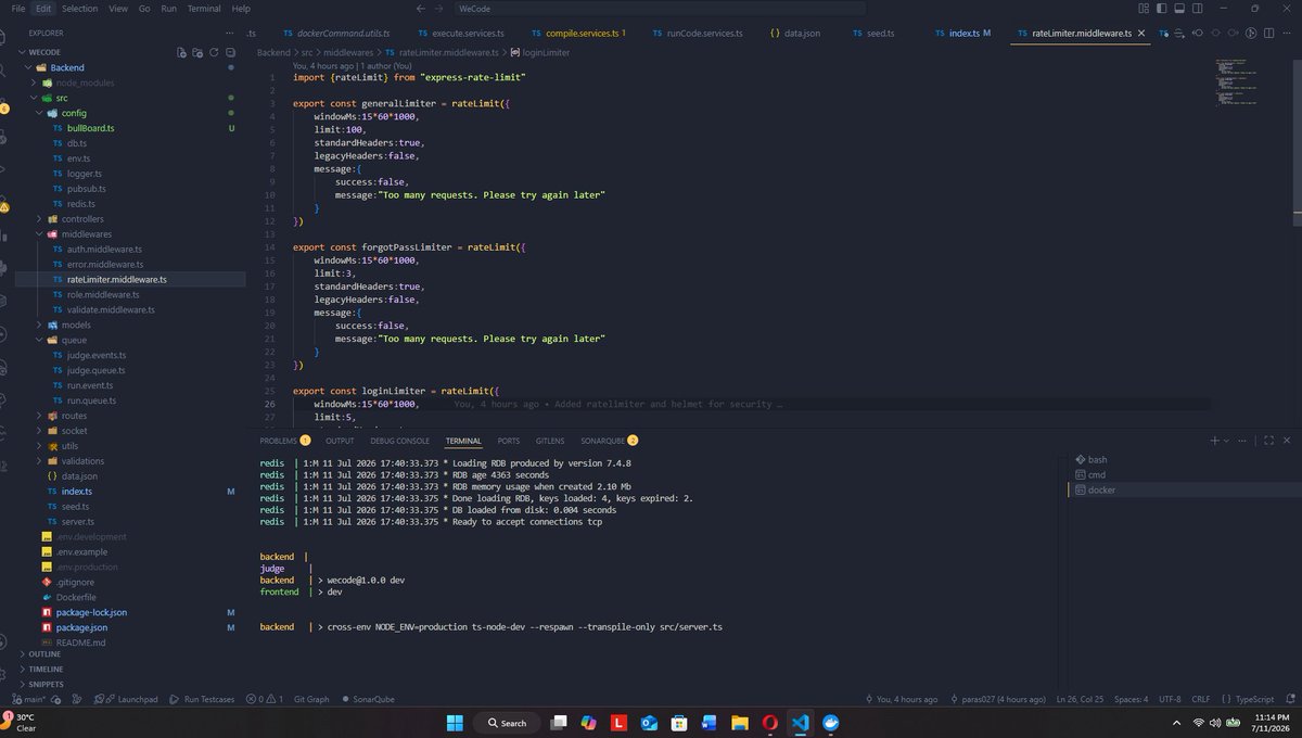 Parass227's tweet photo. Day 33 Dev Progress 🛠️

1) Added Helmet for HTTP security headers
2) Rate limiting, login rate limiting
3) Bull Board for BullMQ queue monitoring

Spent hours debugging a path issue between the Judge container, Docker daemon &amp; execution

#buildinpublic #webdev https://t.co/BzeNMouzGC