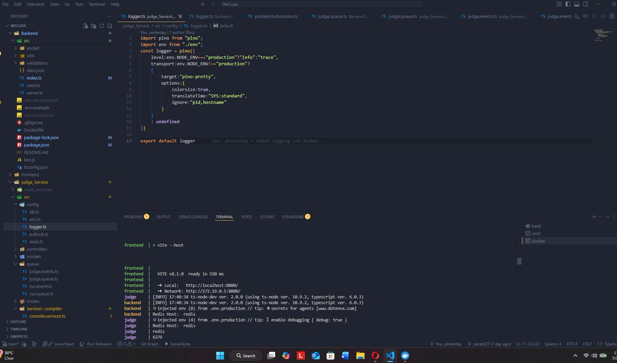 Parass227's tweet photo. Day 33 Dev Progress 🛠️

1) Added Helmet for HTTP security headers
2) Rate limiting, login rate limiting
3) Bull Board for BullMQ queue monitoring

Spent hours debugging a path issue between the Judge container, Docker daemon &amp; execution

#buildinpublic #webdev https://t.co/BzeNMouzGC