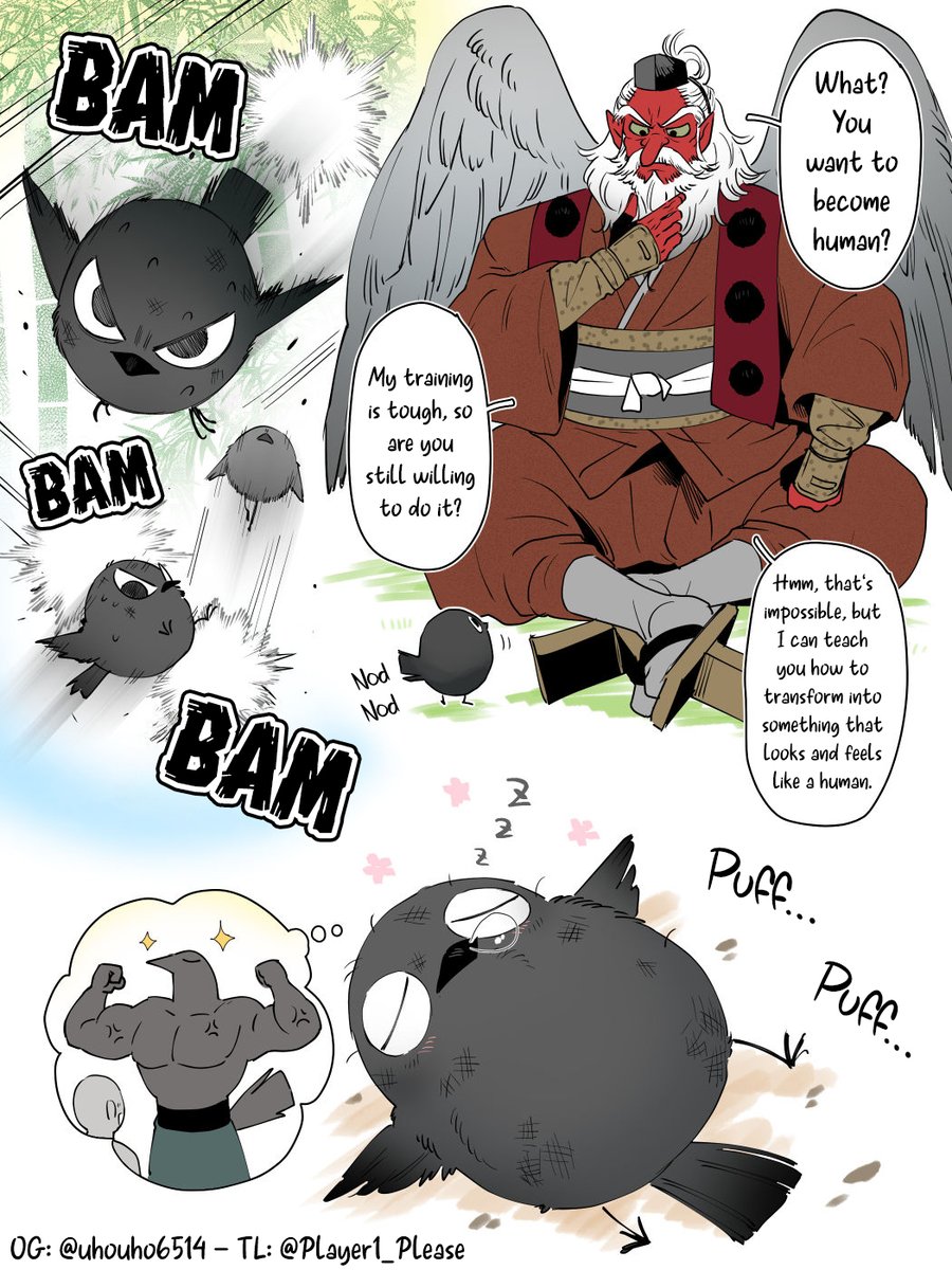 Player1_Please's tweet photo. Someone commented on the baby crow I posted the other day, saying, "I wonder if he was rescued, released back into the wild, and then came back after training?" So I drew a little bit of what that might have been like!
Eng ver✨ https://t.co/h1Yn2n91NW