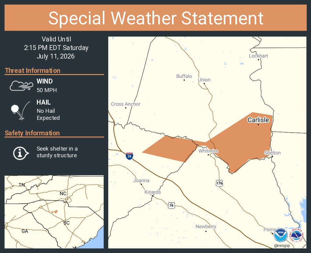 NWSGSP's tweet photo. A special weather statement has been issued for Carlisle SC until 2:15 PM EDT https://t.co/By2hYpKwzm