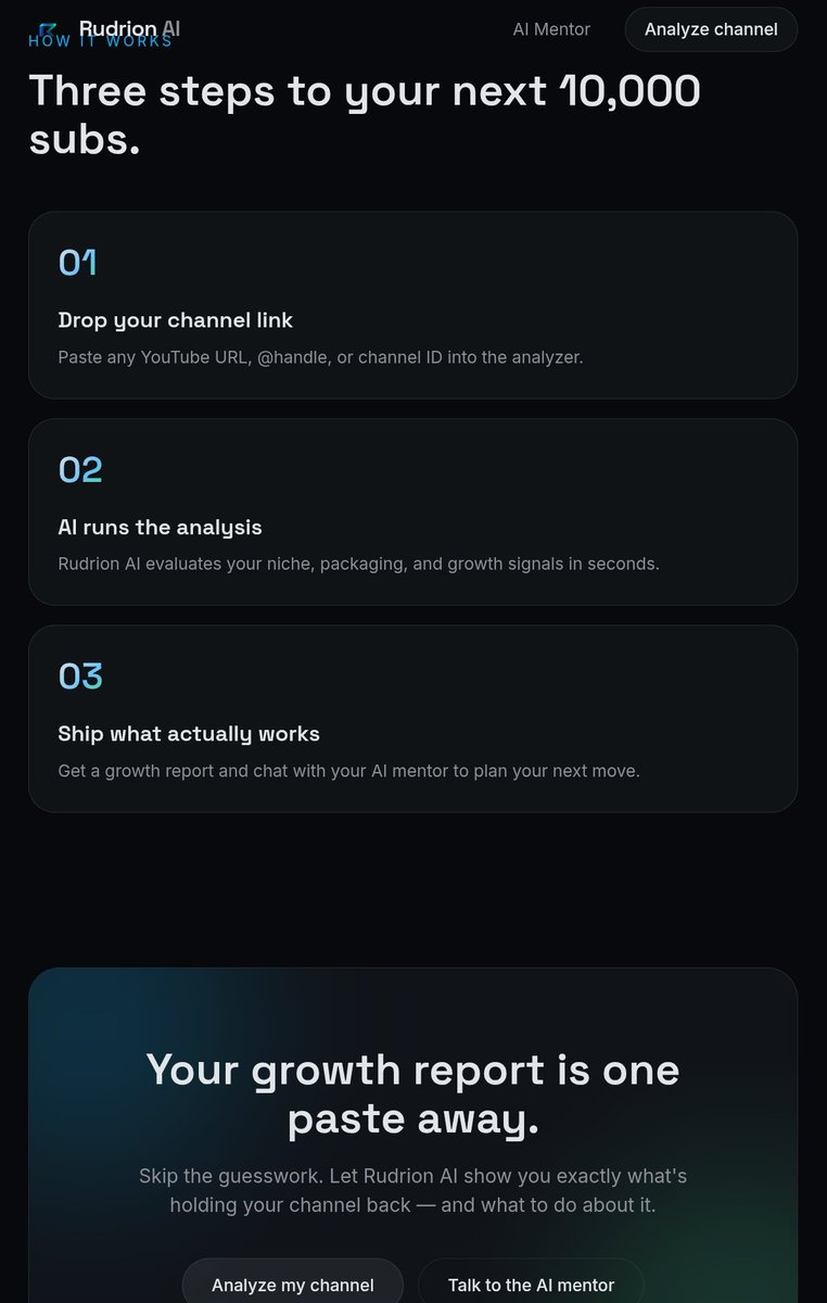 QuantumLeo0's tweet photo. Introducing Rudrion AI 🤖

An AI assistant helping creators understand their content strategy, analyze channels, and discover insights.

An experiment in building AI tools for new creators.
Built from curiosity 🚀
More updates coming soon🔭
Check it out: https://t.co/SGqiQ8BQEz🧪 https://t.co/VoFh9HRRrl