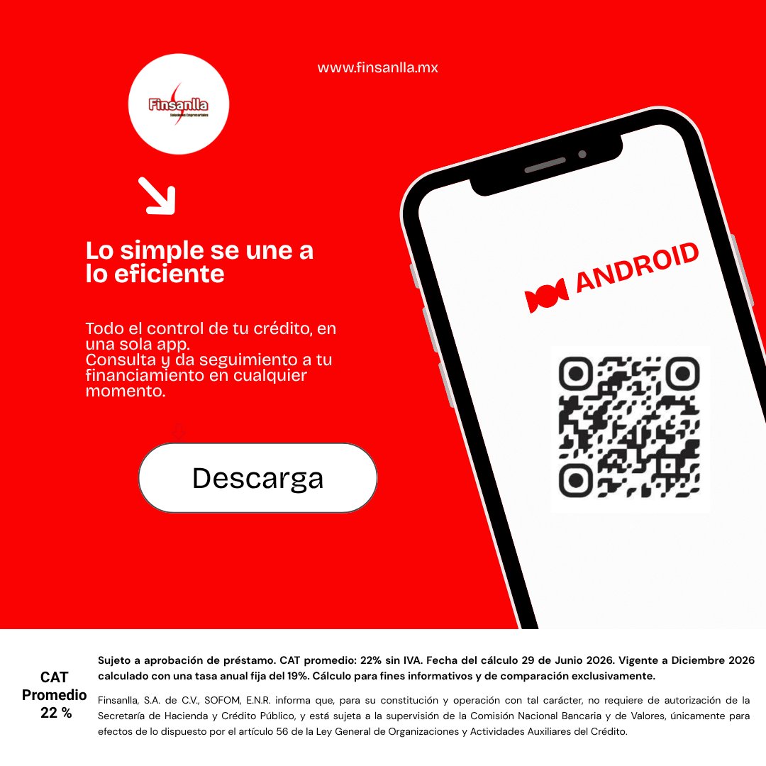 Finsanlla's tweet photo. Si ya eres cliente de Finsanlla, descarga nuestra app y administra tu crédito de forma rápida, segura y desde cualquier lugar.
Con nuestra aplicación podrás:
✅ Consultar la información de tu crédito.
✅ Dar seguimiento a tus movimientos.
✅ Tener acceso a tu información. https://t.co/Cq6U5xtTYy