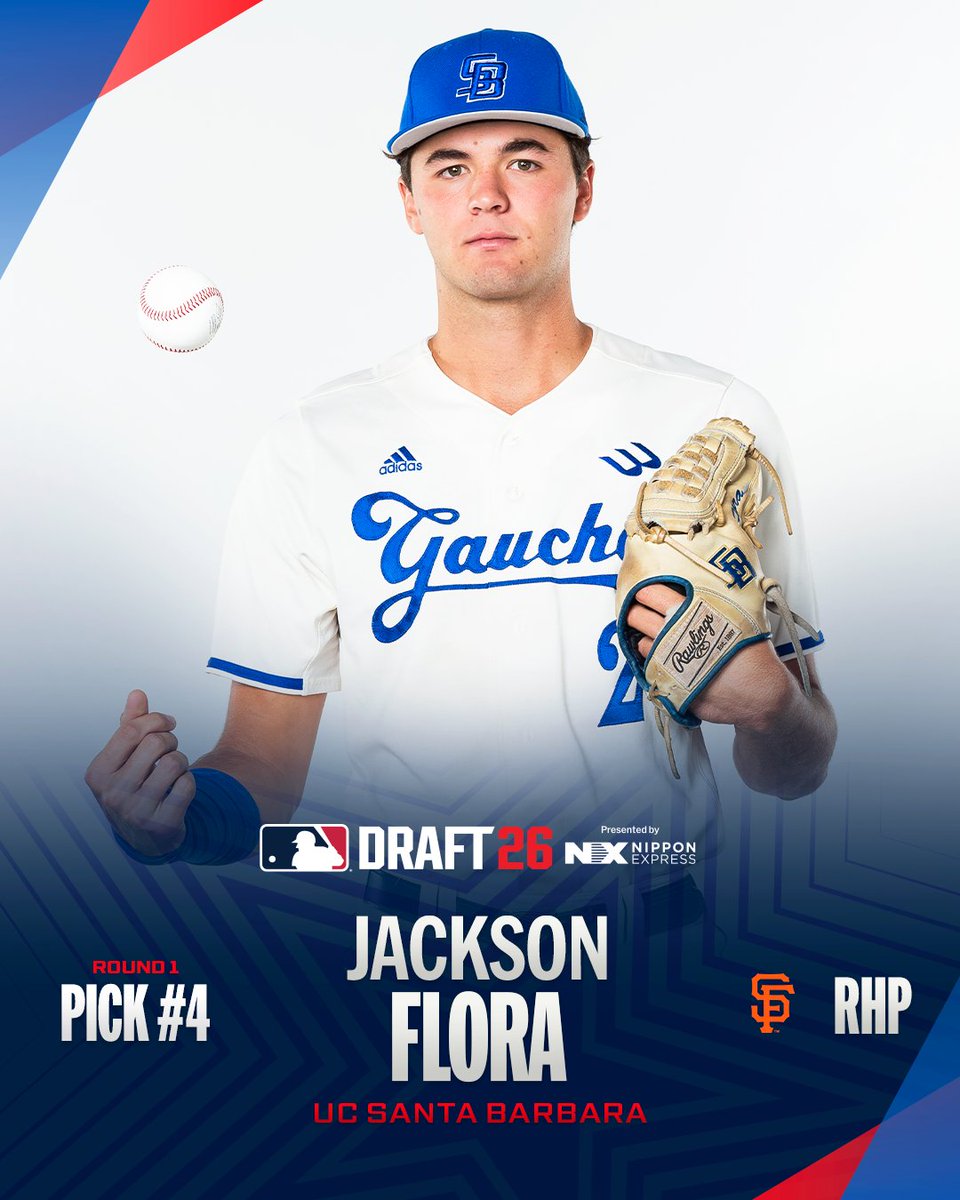 MLB's tweet photo. With the fourth pick of the 2026 #MLBDraft, the @SFGiants select Jackson Flora from UC Santa Barbara. 

(MLB x Nippon Express) https://t.co/2SZJXyvK4r