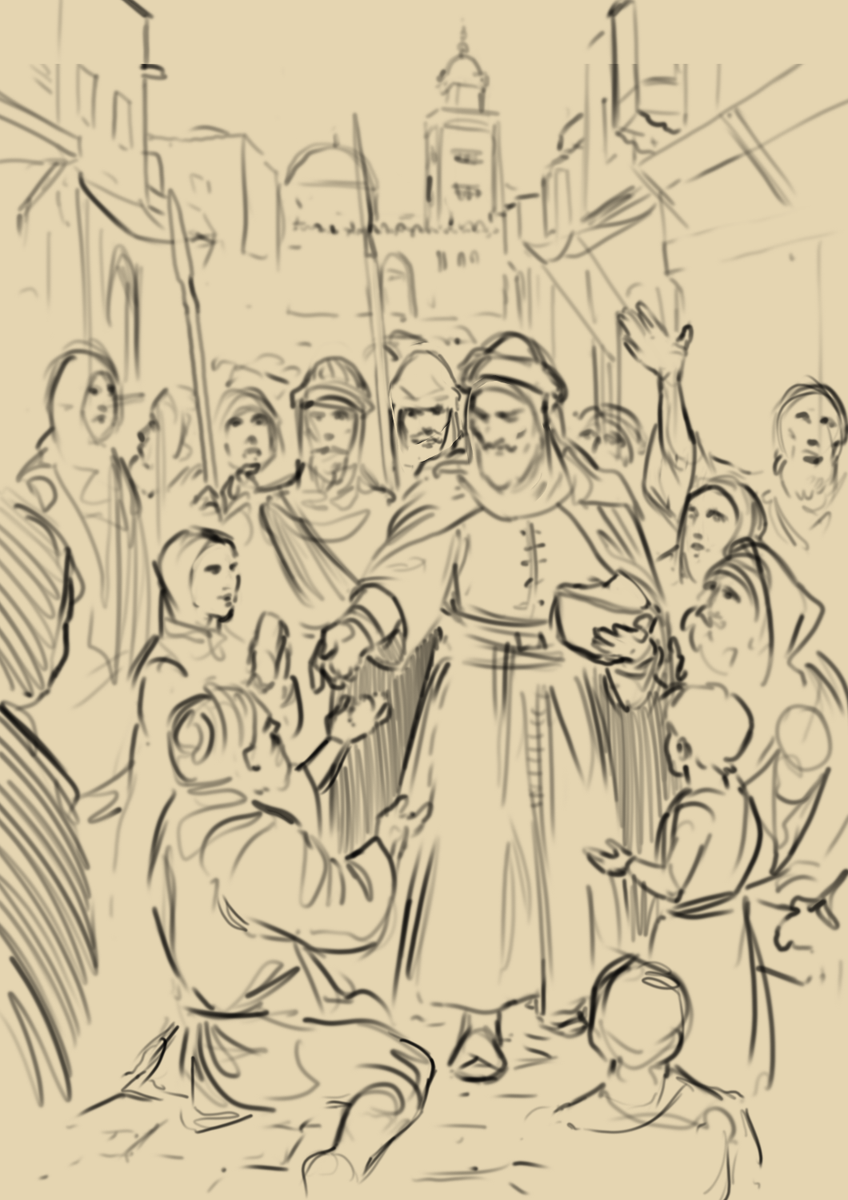 CrownOfSandGame's tweet photo. Saladin handing out alms in the streets of Damascus, accompanied by his secretary, Imad al-Din al-Isfahani, and a Mamluk commander https://t.co/btcHraQZJs