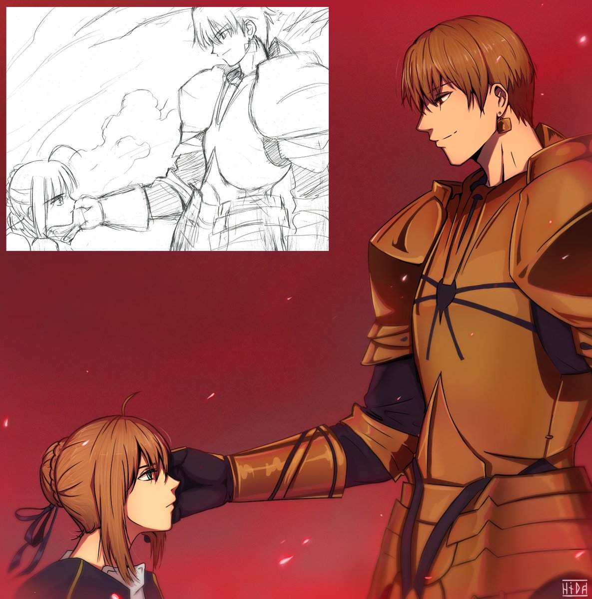 HidaBoland's tweet photo. I redrew Takeuchi's sketch, which I really like.

Gilgamesh &amp; Artoria https://t.co/boe3Jq029F
