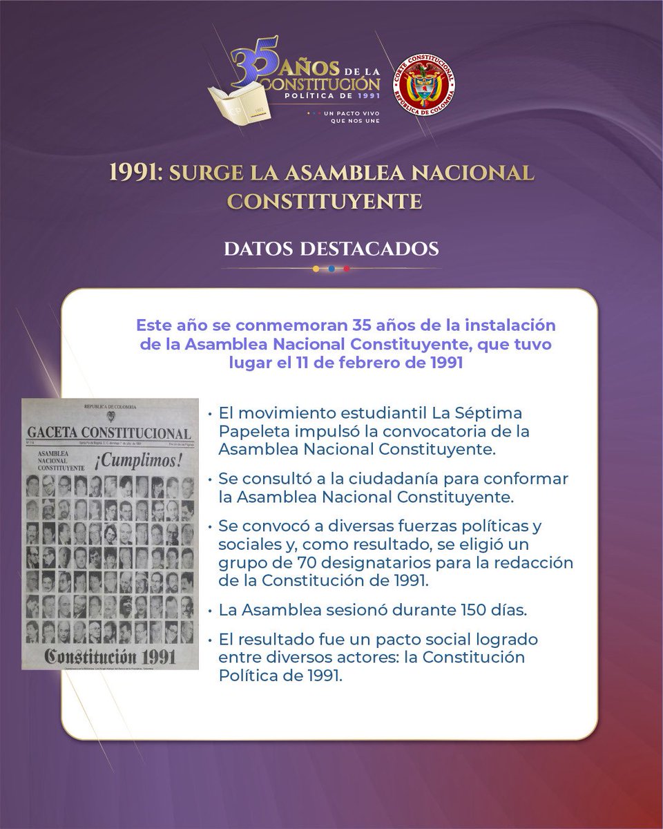 CConstitucional's tweet photo. Este año se cumplen 35 años de un hecho que marcó la historia del país: la conformación de la Asamblea Nacional Constituyente
Conoce algunos datos de interés de esta histórica conmemoración.
#Constitución35Años #DerechosFundamentales #AcciónDeTutela #Constitución1991 https://t.co/XYaZcH3cy0
