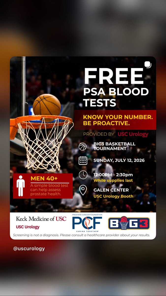 jmm869127's tweet photo. If you’re a man over 40 and going to the @thebig3 on Sunday, July 12th @USC Galen Center stop by the @USC_Urology booth and get your free PSA blood test early detection is key @PCFnews #prostate #big3 #pcf #uscurology https://t.co/mqro2h49UJ