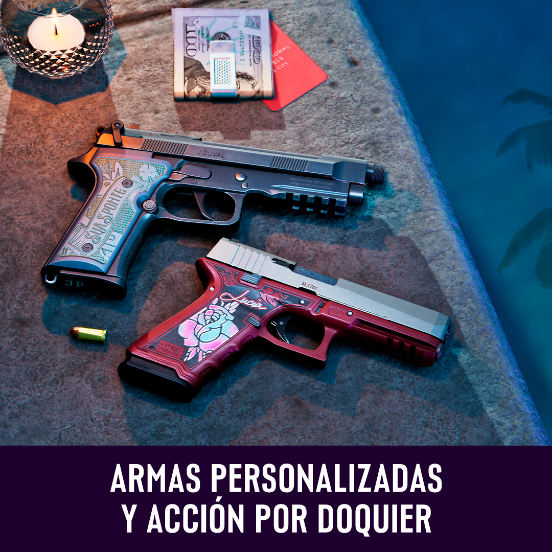 RockstarGames's tweet photo. Te damos la bienvenida a Leonida, el estado donde todo se vale. Aprovecha todo lo que este inmenso mundo tiene que ofrecer con Grand Theft Auto VI: Ultimate Edition, una colección exclusiva de vehículos premium, armas, equipo y acción por doquier. Resérvalo ya en PlayStation 5.