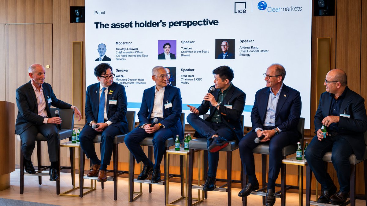 Sharplink's tweet photo. Last week at the Institutional Digital Asset Financing Summit at the @NYSE, hosted by @ICE_Markets and Clearmarkets, our CEO @joechalom joined:

- Tom Lee (@fundstrat / Chairman @BitMNR)
- Will Su (Head of Digital Assets Research @BlackRock)
- Andrew Kang (CFO @Strategy)
- Fred Thiel (@fgthiel / Chairman & CEO @MARA)

The throughline: a treasury should work in every part of the cycle. Consolidation periods are exactly when a productive balance sheet proves its value. Nearly all of our ETH is staked and generating yield, so our holdings keep compounding while the market waits.

That is the power of ETH as a productive reserve asset, not a static one.