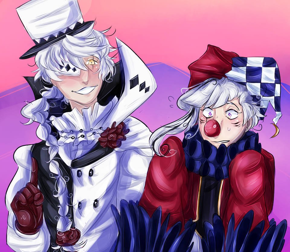 chccta's tweet photo. atsushi and nikolai art! atsushi's clown costume based on the one he has in the mayoi bsd gacha game

#bsd #atsushi #nikolaigogol https://t.co/0H9SliJ68i