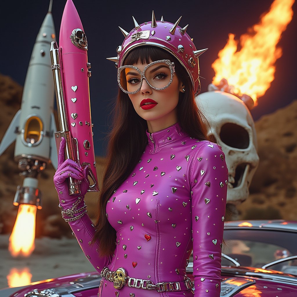 AnomalousPixel's tweet photo. 🤖In the storm-lit wastelands, the Neon Witch ignites the Skull Rocket of Destiny, her chrome gun awakening comet skull spirits to dance between galaxies forever 🔥 https://t.co/4W6OBfwY52