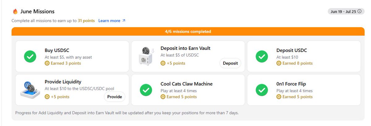 MrSaeein's tweet photo. Startale June Missions are live! Earn up to 31 Points with these simple tasks:

-Play @coolcats Claw Machine 4 times = 5 pts
- Play @0n1Force  4 times = 5 pts
- Deposit at least 10 USDC from Ethereum external wallet to @StartaleGroup Smart wallet = 8 pts
- Buy $USDSC at least 3$ = 3 pts
- Deposit at least $5 USDSC into Earn vault (hold 7 days) = 5 pts
- Provide liquidity to $USDSC / $USDC pool (min. ~$10, hold 7 days) = 5 pts

Note: Most tasks verify instantly, but holding periods apply for vault/liquidity.