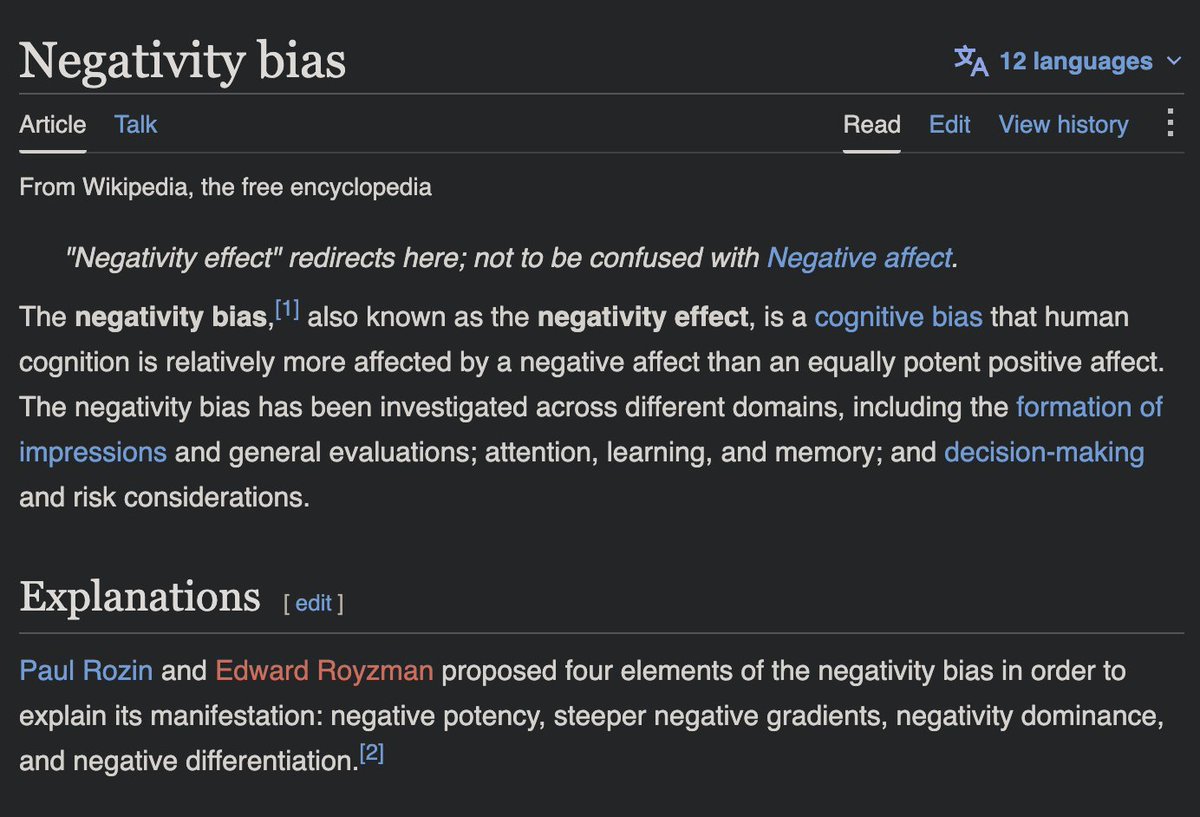 fedeandri's tweet photo. We pay more attention to negative than positive stimuli.
Not a suspect, but a well known bias probably due to evolutionary pressure:
bad things = death VS good things = life https://t.co/Fl6dc4CeDM