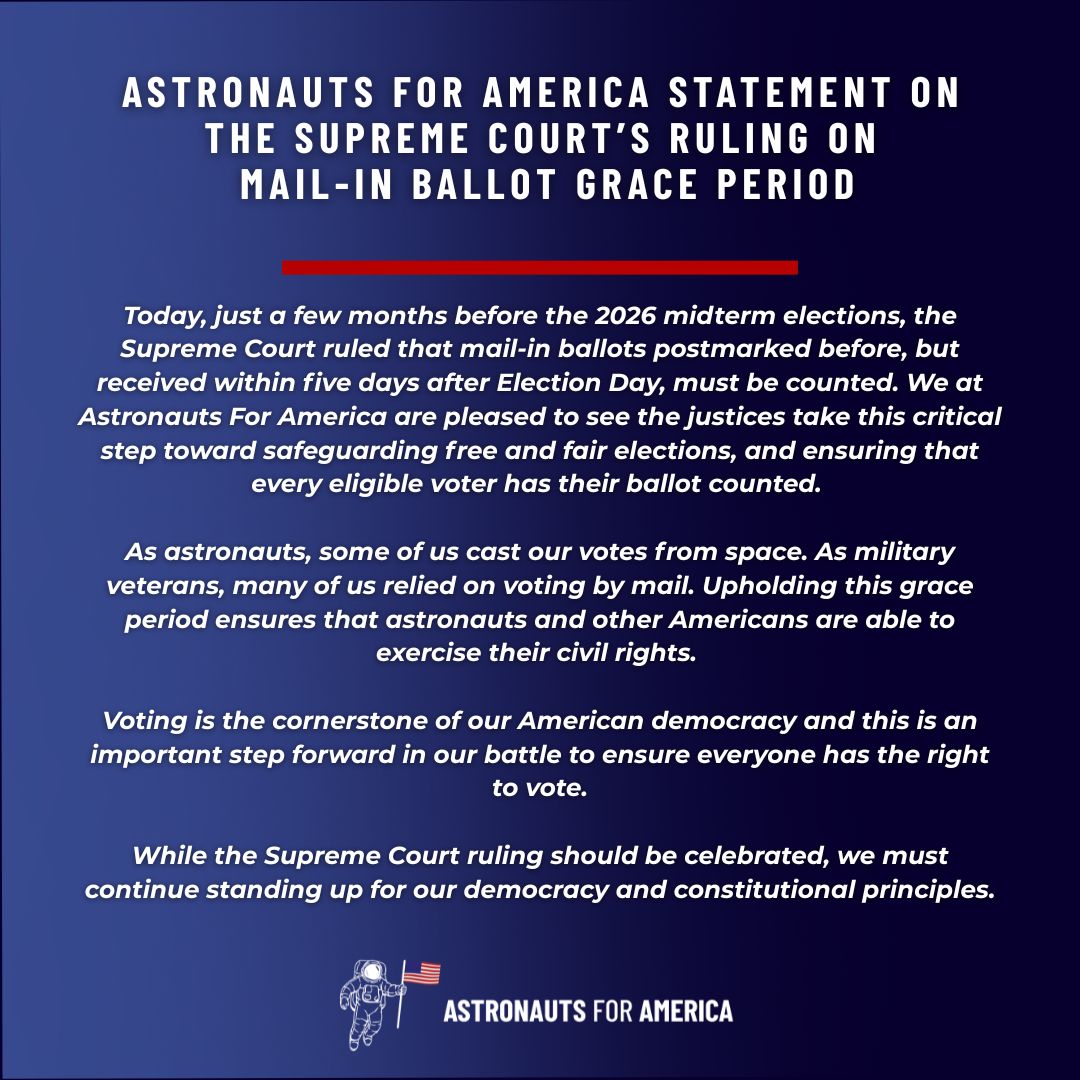 Astros4America's tweet photo. Today, SCOTUS ruled mail-in ballots postmarked before but received within 5 days after Election Day must be counted. As astronauts, some of us cast our votes from space. This is an important step to ensure that astronauts &amp; all eligible Americans can exercise their civil rights. https://t.co/7iVnOlaz20