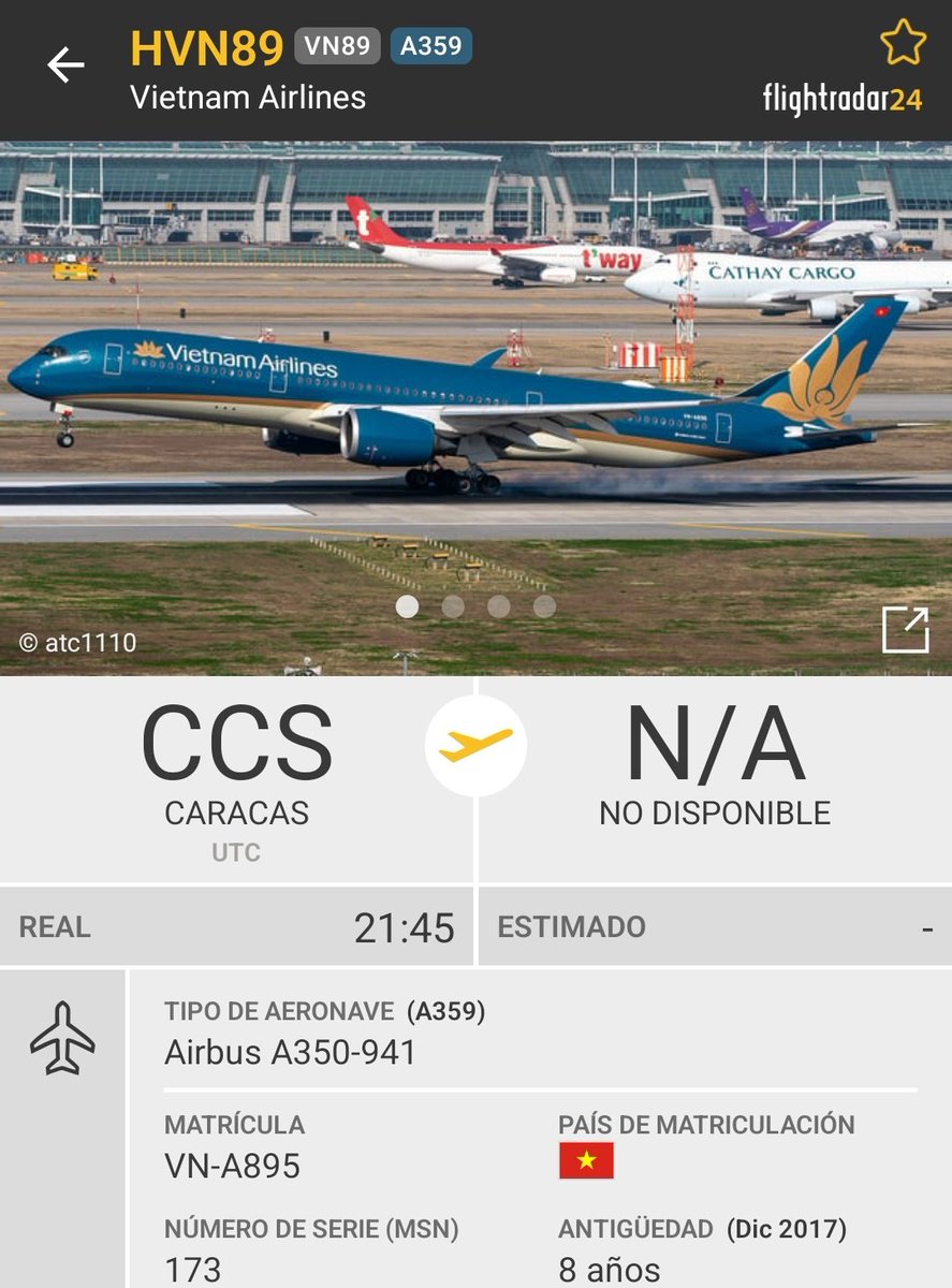 Arr3ch0's tweet photo. Hace tan sólo 5 hrs llegó a Caracas el vuelo de Vietnam Airlines procedente de Hanoi con ayuda para Venezuela. 20 horas y media duró el vuelo y ya va saliendo de Caracas. Impresionante esfuerzo como el de muchos otras naciones muy lejanas, gracias! https://t.co/3SYCFP4b6E
