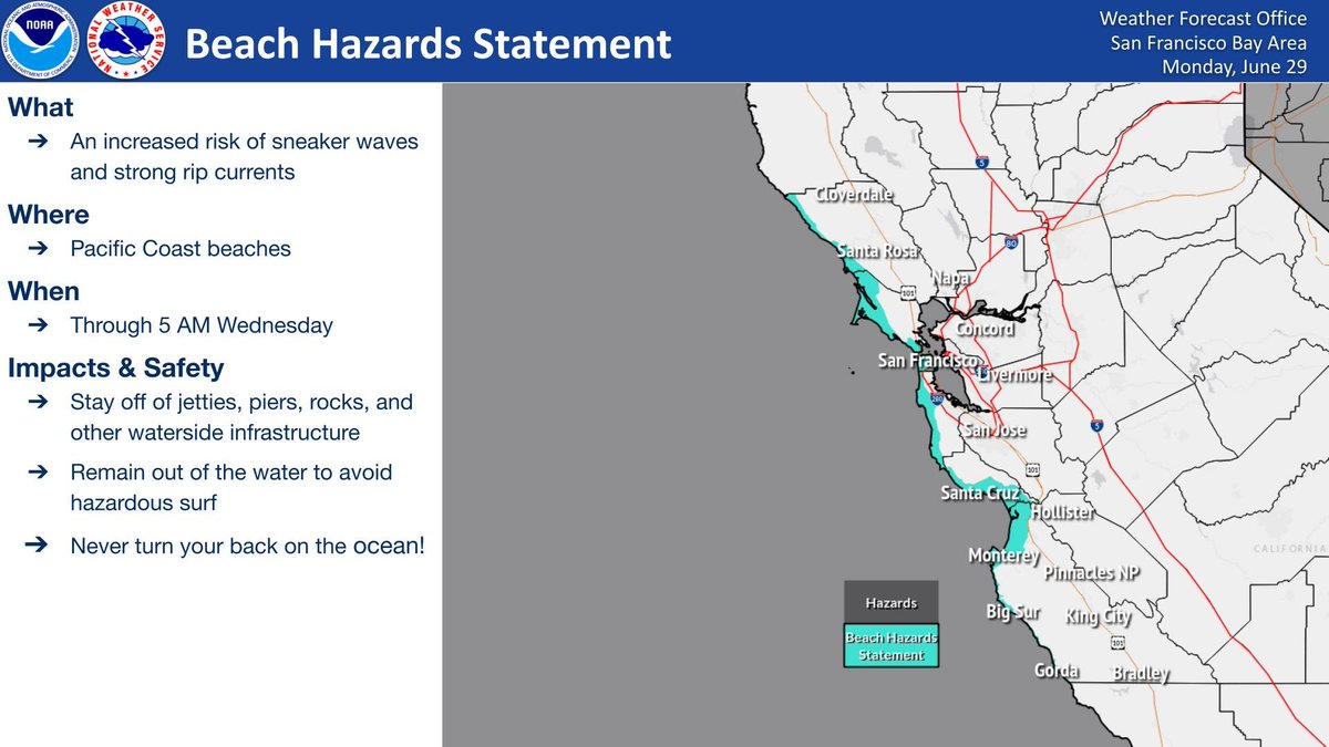 NWSBayArea's tweet photo. A Beach Hazards Statement is in effect through 5 AM Wednesday for Pacific Coast beaches. Remember: stay off of jetties, piers, rocks, and other waterside infrastructure, remain out of the water to avoid hazardous surf, and never turn your back on the ocean! #CAwx https://t.co/r3zLl1FDNj