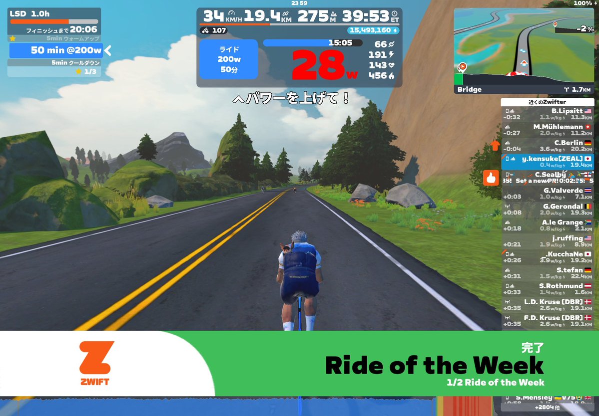 hage4500's tweet photo. 月曜のzwift！

GPTに色々聞いて確認して、メニューを少し変えた！

月曜はL2を60分！

XPもらえるコースを淡々と走り終了！

60分行かなかったけど、、まぁ〜良しと言うことで！😊 https://t.co/OR3loKDjJ4