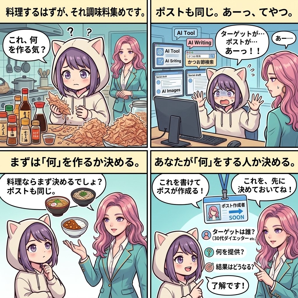 tomoko01012's tweet photo. 料理するはずが、
それ〈調味料集め〉です。

全国から良いかつお節を手に入れたけど、さて何を作るんですか？

自分のターゲットに向けてポストを作りたいのに、気づくと、AIツールだけが目の前に並んでいて、あーっ、てやつですよ。

うどんを作りたいのか、ラーメンか、それともカレーを作るのか。

料理ならまずそこ、決めますよね。

ポストも同じ。

30代ダイエッター向けなのか、主婦向け子育て相談なのか、はたまた投資に関心ある人へのアドバイスなのか。

まず決めます。

ターゲットは誰なのか
何を提供できるのか
その結果どうなるのか

これを決めないとね。

あなたが「何をする人なのか」をはじめに決めておかないといけません。

しっかり、それは押さえといてね。