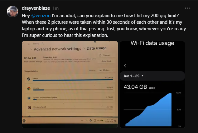 Drayvenblaze's tweet photo. hey @Verizon 

The math ain't mathing, bear in mind that half of this, I wasn't even at home for, so it's even worse. let's make it more realistic, "how did I hit 200 gigs, if I wasn't even at home for half of this?"

just please, feel free to explain it to me. https://t.co/v93BwIHqpB
