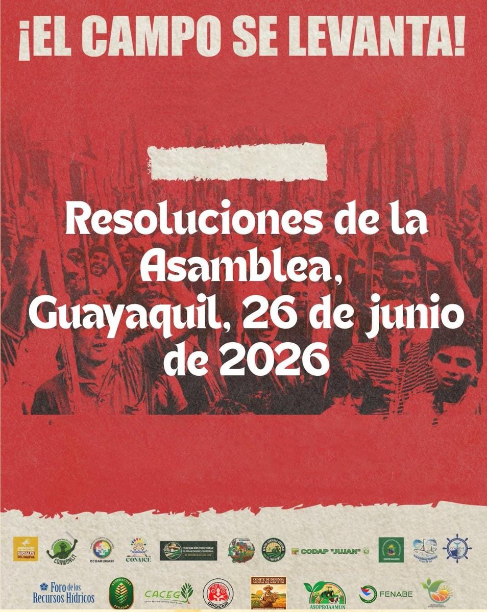 RedKapari's tweet photo. *Resoluciones de la Asamblea “El campo se levanta”*
Guayaquil, 26 de junio de 2026

1.*Archivo inmediato de la denominada “Ley Orgánica de Desarrollo Agrícola”* que favorece únicamente a las corporaciones agroindustriales en detrimento de la economía familiar campesina puesto que elimina los precios de sustentación, los consejos consultivos, la financiación pública, permite el ingreso de semillas transgénicas, entre otros aspectos.

2.*Rechazo a las políticas proimperialistas del gobierno agroindustrial de Daniel Noboa*, que afectan a la clase trabajadora. No al imperialismo estadounidense, a las empresas mineras transnacionales, los tratados de libre comercio y la presencia militar extranjera.

3.*Proponer una reunión al compañero Leonidas Iza* presidente de la ECUARUNARI para construir la gran unidad de los trabajadores del campo y de la lucha indígena a través de la plataforma “Indignación Agrícola”. 

4.*Exigir a los asambleístas de todas las tiendas políticas votar en contra de la Ley de Desarrollo Agrícola*, en segundo debate. 

5.*Respeto a los precios de sustentación de los productos agrícolas* como una medida mínima para garantizar condiciones justas en la comercialización. Los intermediarios se aprovechan del trabajo campesino por falta de mecanismos efectivos de control y regulación que aseguren el cumplimiento del precio oficial y protejan a los pequeños y medianos productores. 

6.*Solidaridad con Los Ángeles y Las Mercedes de Durán, y en Jesús María*, de la Asociación 30 de Marzo de Palenque, víctimas del despojo de tierra operado por el MAG, el narcotráfico y la agroindustria.  

7.*Demandar la condonación de las deudas a las familias campesinas*, considerando que los mecanismos de financiamiento existentes han profundizado su situación de endeudamiento sin generar condiciones reales de mejora productiva. En muchos casos, los créditos han terminado siendo una carga insostenible debido a factores como los bajos precios de los productos, el incremento de los costos de producción y la falta de políticas de apoyo efectivas.

8.*Oposición al avance de la minería metálica a gran escala en la provincia de la provincia de El Oro*. Salida inmediata del proyecto Megaminero Cangrejos. La dictadura minera atenta al bienestar social, ambiental y económico de los territorios campesinos y destruye la soberanía nacional y alimentaria. 

9.*Denunciar el asesinato de la luchadora social Mónica Silva* en Santa Elena, así como de varios luchadores populares asesinados como Julio Vera en la provincia de Los Ríos. 

10.*Rechazar la fusión del ministerio de Agricultura*, ya que es inconstitucional porque atenta contra la soberanía alimentaria.

11.*Respaldar la propuesta de revocatoria de mandato a Daniel Noboa* y su vicepresidenta.
