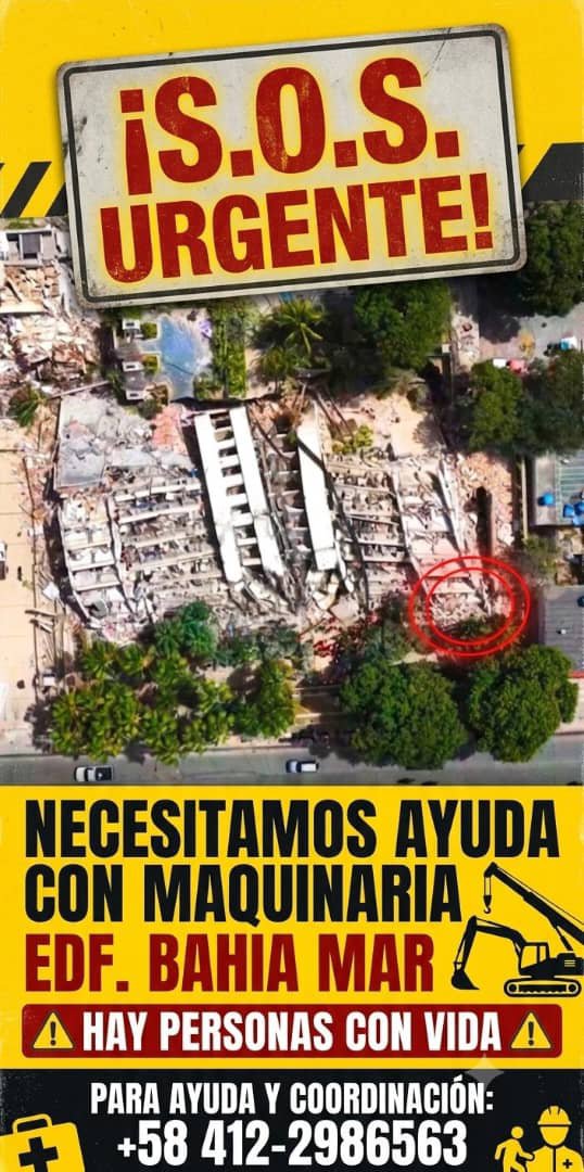 Alejandrands's tweet photo. @GastonLevar Por favor Gastón, hay señales en Bahía Mar, Los Corales, necesitamos apoyo, hay una grúa pero se quiere ir parece que alguien la contrató para un piso superior. Rescatistas dices que si no termina el trabajo debilita lo que queda de estructura. AYUDAAAA https://t.co/oWdpVbYgJx