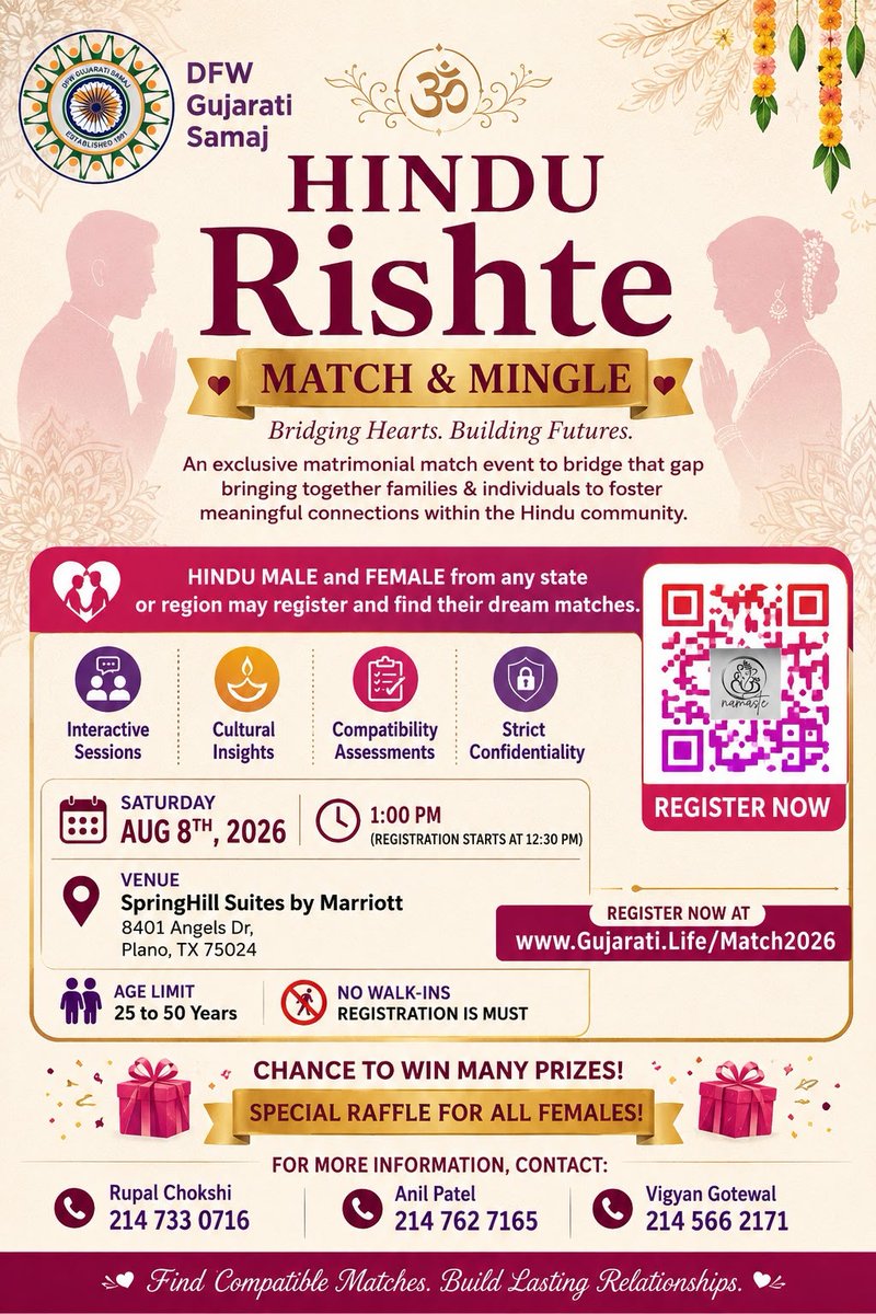 DFWGujSamaj's tweet photo. Join Hindu Rishte – Match & Mingle, an exclusive matrimonial event by DFW Gujarati Samaj.

📅 August 8, 2026 | 🕐 1:00 PM
📍 SpringHill Suites by Marriott
8401 Angels dr, Plano, TX

✨ Register Now:
https://t.co/3PsQoncikF

#HinduRishte #DFWGujaratiSamaj #MatchAndMingle #FindYourMatch