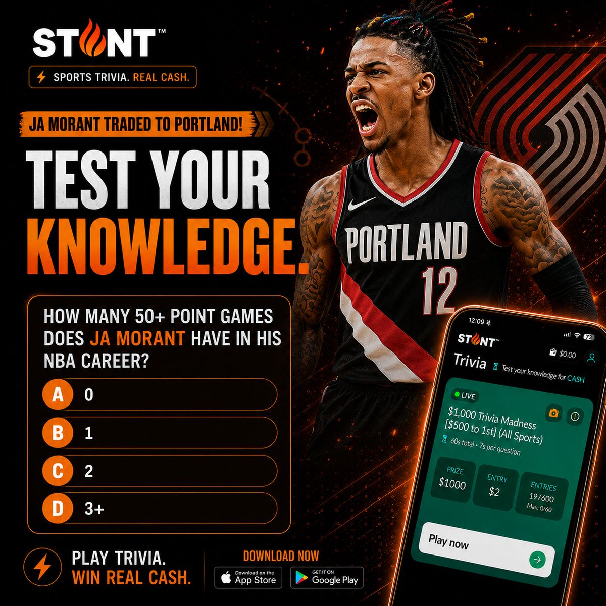 stuntapp's tweet photo. 🚨 JA IS HEADING TO PORTLAND 👀

🏀 How many 50 Point games does he have? Drop your guess below ⬇️

Then put your sports knowledge to the test on Stunt &amp; compete for REAL CASH in live Sports Trivia.

⚡ 60-second games
💰 Real cash prizes
🧠 Sports knowledge pays

#nba #jamorant https://t.co/wPjcy1ozxV