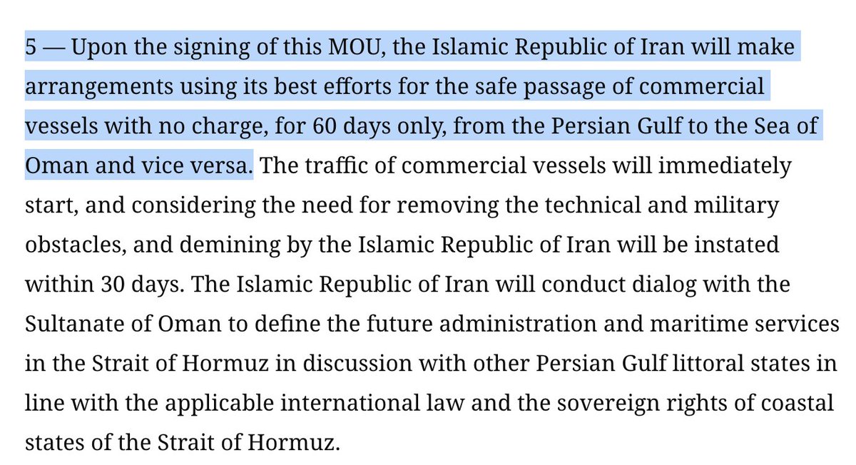 SinaToossi's tweet photo. What’s happening with the U.S.-Iran MOU, and why is it so fragile?

The short version: the deal is being tested on two major fronts: Hormuz and Lebanon. And the prospect that it leads to a broader deal through ongoing negotiations is currently growing more remote by the day.

1. The MOU left Hormuz ambiguous.

Clause 5 says Iran will make “arrangements” for safe commercial passage through the Strait of Hormuz with no charge for 60 days. Iran reads this to mean ships must use routes Tehran designates, and that Iran will eventually help administer the Strait and collect fees for maritime "services".

2. The U.S. is challenging that.

Ships backed or encouraged by Washington have been using a southern route near Oman, outside Iran’s preferred corridor.

3. Iran warned those ships, then struck them.

Tehran’s message was clear: if ships ignore Iranian arrangements, safe passage is not guaranteed.

4. The U.S. responded by bombing targets inside Iran.

This is why the situation is so dangerous. What Washington framed as a response to Iran’s attack on shipping, many in Tehran see as not just a direct violation of the MOU but a restarting of the war.

5. Iran then hit U.S. bases in Bahrain and Kuwait.

This cycle repeated over two nights: Iran pressures shipping, the U.S. strikes Iranian territory, Iran retaliates against U.S. regional bases.

6. For now, more ships appear to be using Iran’s preferred route.

But the underlying fight is unresolved: who actually gets to define the rules of passage through Hormuz?

7. Lebanon is the other major problem.

The new Israel-Lebanon framework pushes Hezbollah’s disarmament while making Israeli withdrawal, reconstruction, and civilian return conditional on that outcome. It also preserves Israel’s broad ability to keep using force in Lebanon under “self-defense.”

8. That clashes with the logic of the U.S.-Iran MOU.

The MOU was supposed to end the regional war, including in Lebanon, and respect Lebanon’s sovereignty. 

But the Lebanon deal may instead lock in a new phase of conflict by demanding an outcome Hezbollah will not accept and the Lebanese state is unable to impose.

Bottom line:

The MOU is fragile because both sides are now trying to impose their interpretation of it in practice.

Iran sees the agreement as locking in gains it made during the war, especially over Hormuz.

Washington appears to be trying to limit those gains while also advancing a Lebanon framework that is incompatible with the MOU.
