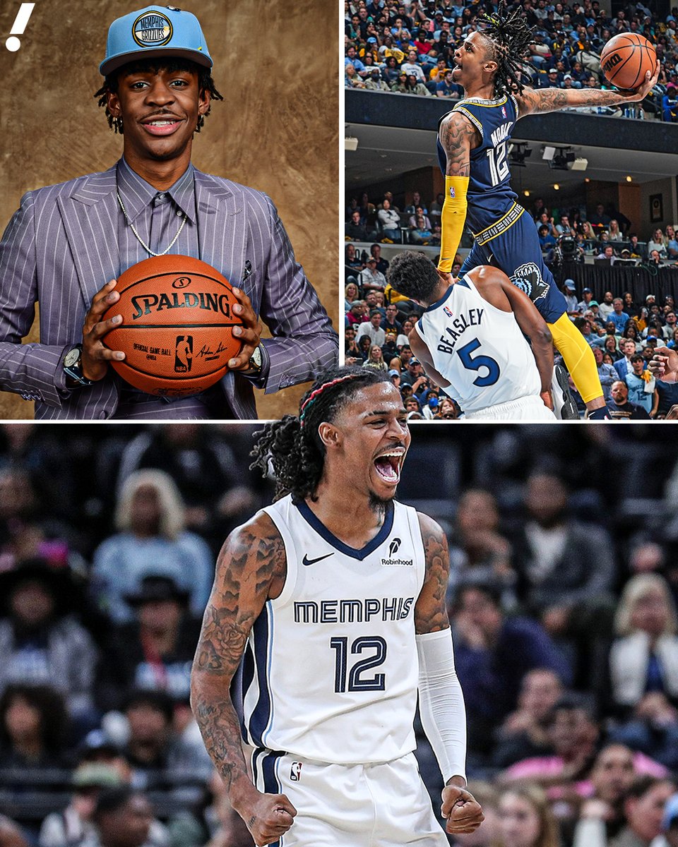 YahooSports's tweet photo. Ja Morant gave us a ton of memories for seven years while a member of the Grizzlies 💙 

🐻 No. 2 overall pick (2019)
🐻 NBA Rookie of the Year (2020)
🐻 Two-time All-Star (2022, 2023)
🐻 NBA Most Improved Player (2022)
🐻 Led the Grizz to a playoff series win for the first time in seven years (2022)
🐻 Countless posters