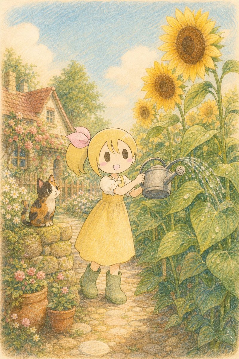 lico_yuruokoku's tweet photo. あさのひかりがのびてきてー
せかいがぽかぽかしてきたから
ひまわりさんにお水をあげにいったの🌻
ぐんぐんそだってて、なんかりこもうれしくなったよー

#AI生成 https://t.co/7f4WbdDDho