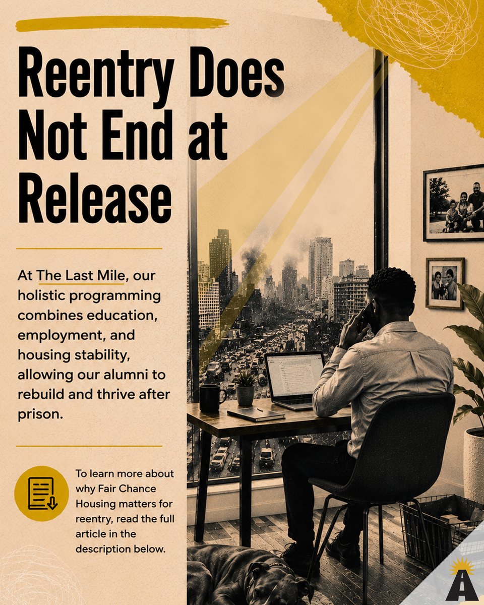 TLM's tweet photo. A true second chance requires a safe place to live.

Every year, hundreds of thousands of people leave prison ready to work, reconnect with family, continue their education, and build a better future. Too often, stable housing remains out of reach. A single denied rental application can affect employment, healthcare, recovery, financial stability, and family reunification, creating barriers long after someone has completed their sentence.

In our recent article, we examine Maryland's new Fair Chance Housing Act, why housing has become one of the strongest predictors of successful reentry, and how policies like this have the potential to strengthen individuals, families, and communities. 

We also share the experiences of The Last Mile alumni whose stories demonstrate how stable housing creates the foundation for lasting change. 

At The Last Mile, we believe education, employment, and housing stability work together. Reentry does not end at release, and lasting outcomes require support that continues long after someone leaves prison.

Read the full article: 

https://t.co/buFzJYH131