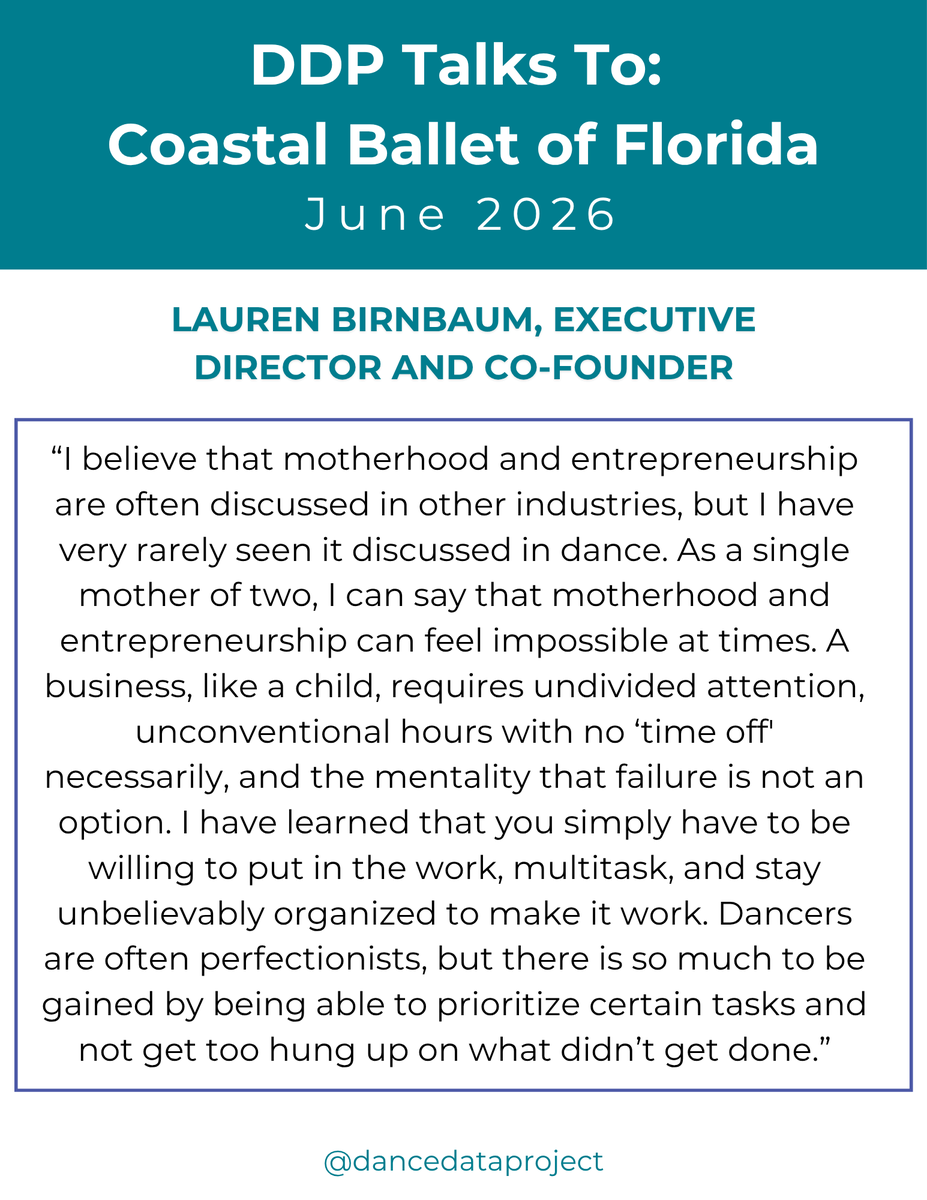 dancedatap's tweet photo. In our latest DDP Talks To interview with Coastal Ballet of Florida, Executive Director and Co-Founder Lauren Birnbaum reflects on the realities of balancing motherhood and arts entrepreneurship. https://t.co/OL5Ox7WUKB