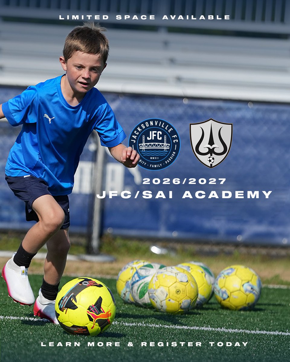 jacksonville_fc's tweet photo. Registration is now open for the 2026/2027 JFC/SAI Academy.

Designed for dedicated student-athletes, the JFC/SAI Academy combines Jacksonville FC's proven player development with SAI's flexible academic model, giving players more opportunities to train while receiving a high-quality education.

If you're looking for an environment that supports both your academic and soccer goals, the JFC/SAI Academy is built for you.

• Flexible academics through SAI
• Professional training at Patton Park
• More time to train and develop
• A pathway to the next level

Space is limited. Learn more and register today through this link: https://t.co/Mtmd7UjKS2

#PlayerDriven #904JFC